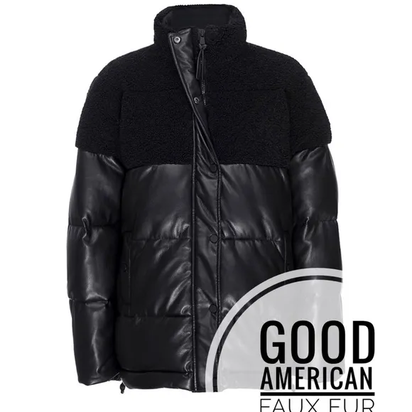 Good American Sherpa Mix Cocoon Puffer Black jacket  new size xxl
