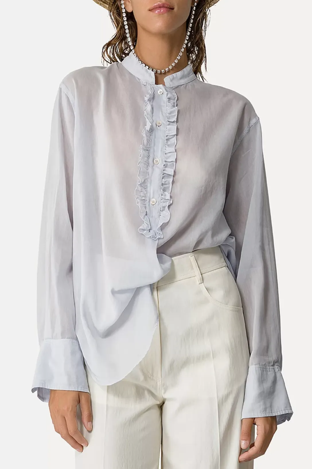 Granddad Collar Shirt With Ruffles | Sky