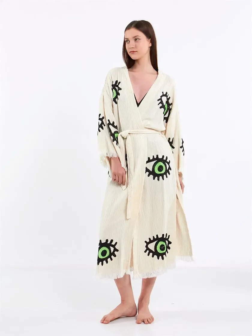 Green Eye Kimono, Turkish Cotton Robe, Long Kimono for Women