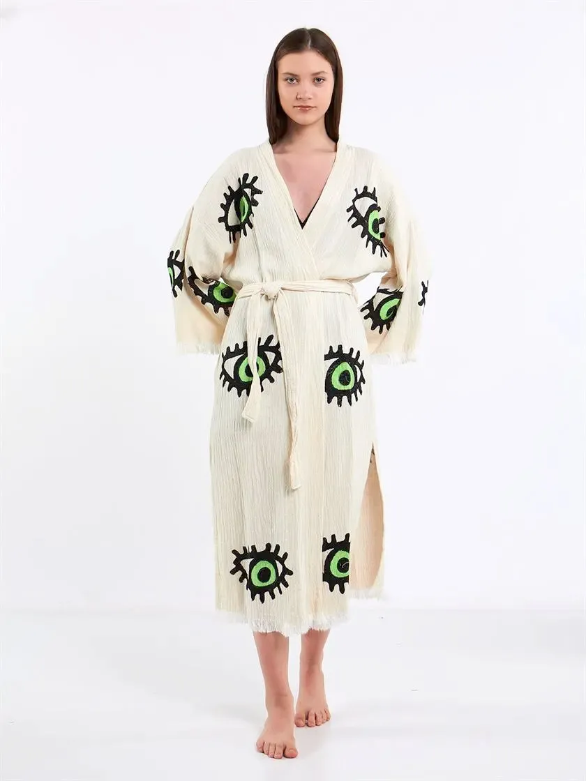 Green Eye Kimono, Turkish Cotton Robe, Long Kimono for Women