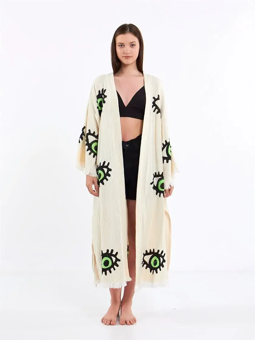 Green Eye Kimono, Turkish Cotton Robe, Long Kimono for Women