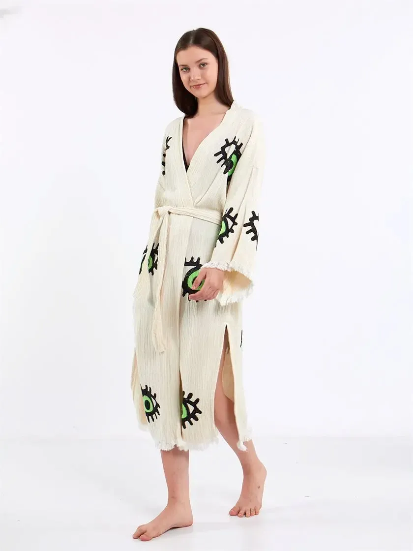 Green Eye Kimono, Turkish Cotton Robe, Long Kimono for Women
