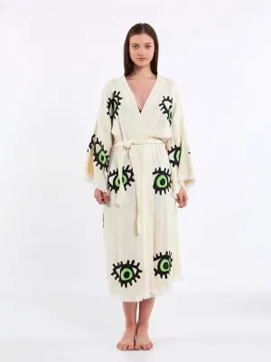 Green Eye Kimono, Turkish Cotton Robe, Long Kimono for Women