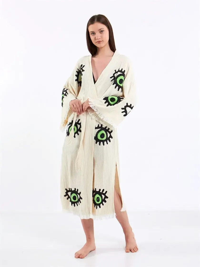 Green Eye Kimono, Turkish Cotton Robe, Long Kimono for Women