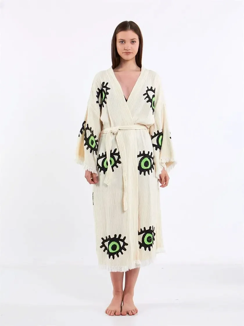 Green Eye Kimono, Turkish Cotton Robe, Long Kimono for Women