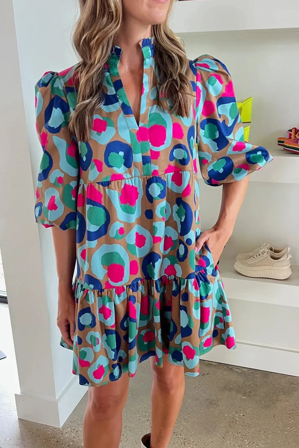 Green Leopard Print Bubble Sleeve Slit Neck Ruffled Dress