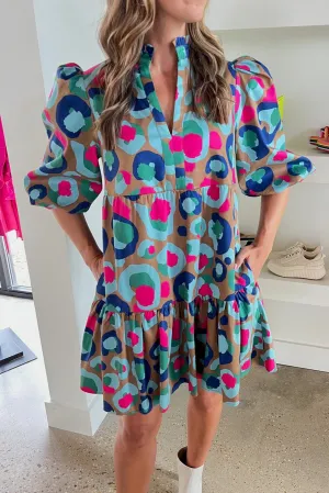 Green Leopard Print Bubble Sleeve Slit Neck Ruffled Dress
