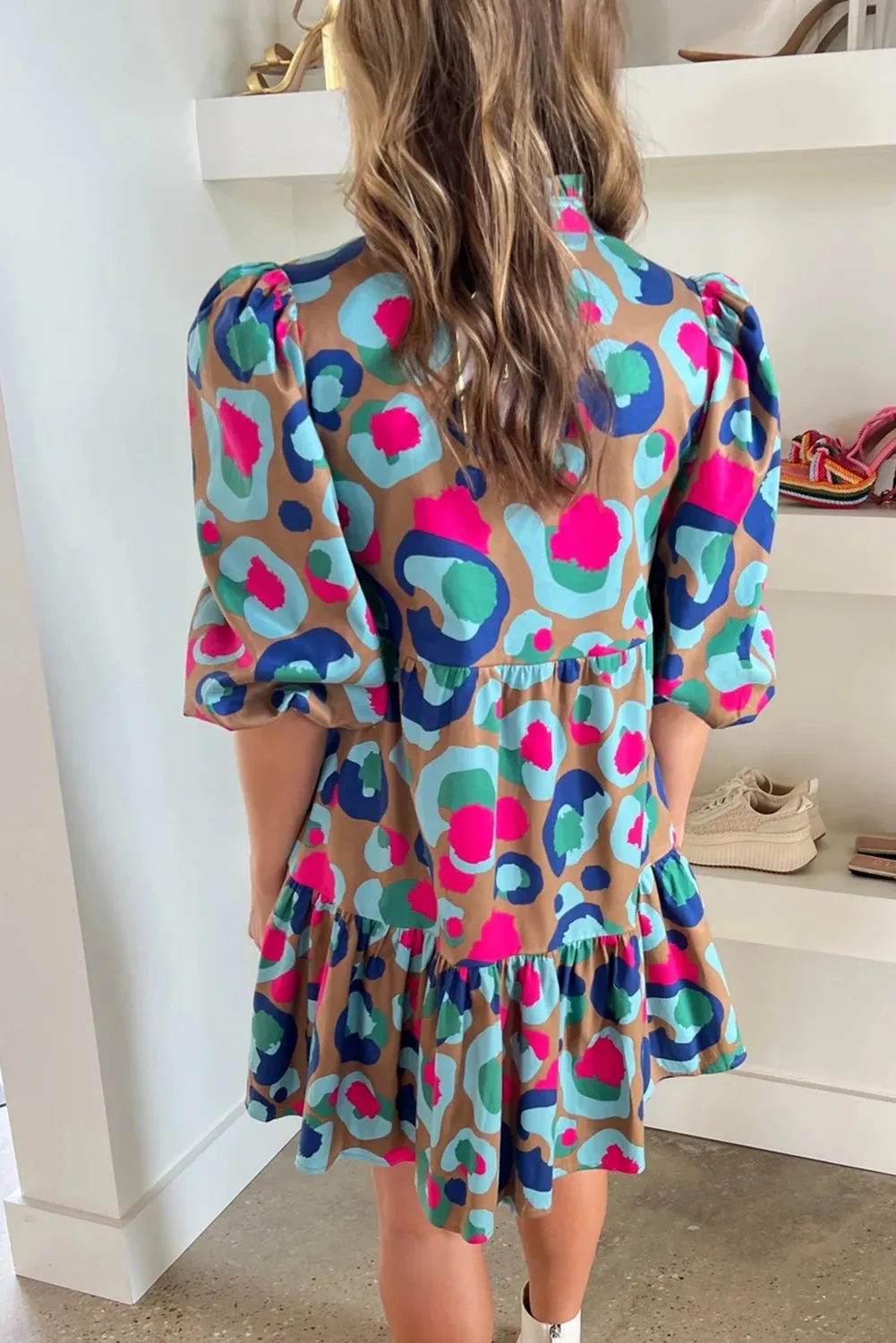Green Leopard Print Bubble Sleeve Slit Neck Ruffled Dress