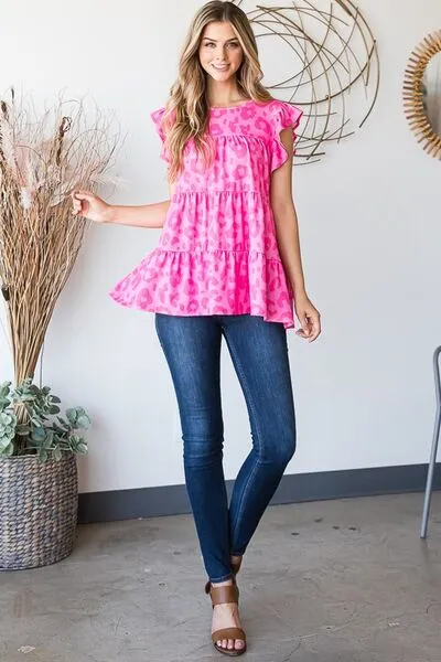 Hazel Blues® | Heimish Tiered Leopard Round Neck Blouse with Ruffled Detail