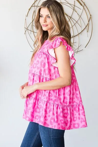Hazel Blues® | Heimish Tiered Leopard Round Neck Blouse with Ruffled Detail