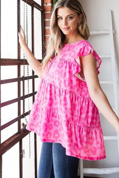 Hazel Blues® | Heimish Tiered Leopard Round Neck Blouse with Ruffled Detail