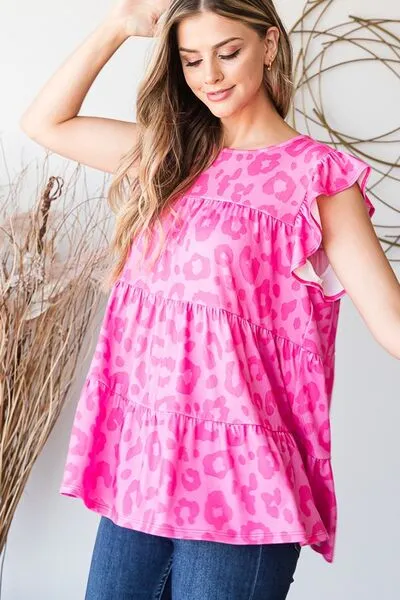 Hazel Blues® | Heimish Tiered Leopard Round Neck Blouse with Ruffled Detail