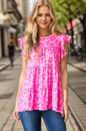 Hazel Blues® | Heimish Tiered Leopard Round Neck Blouse with Ruffled Detail