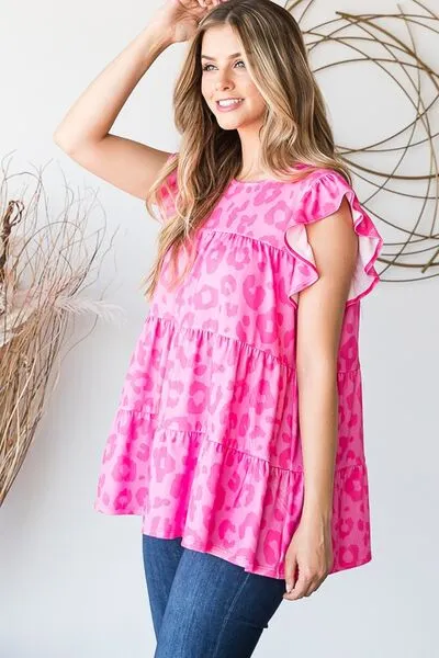 Hazel Blues® | Heimish Tiered Leopard Round Neck Blouse with Ruffled Detail