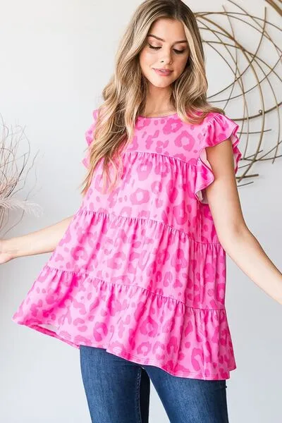 Hazel Blues® | Heimish Tiered Leopard Round Neck Blouse with Ruffled Detail