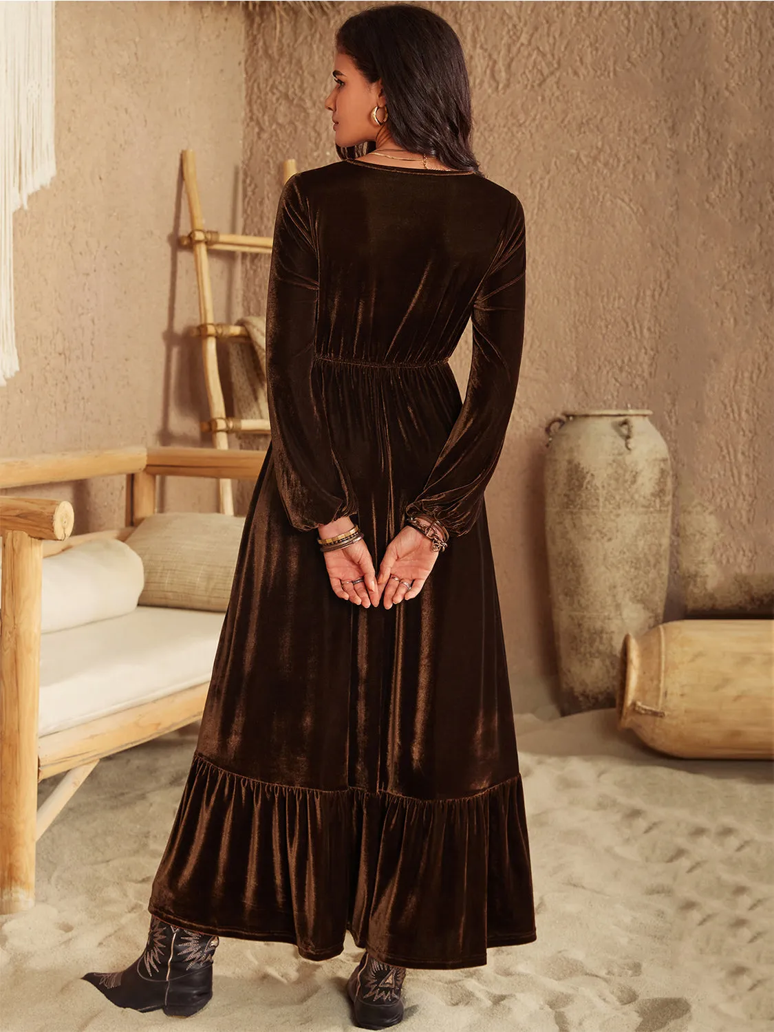 Hazel Blues® |  Ruffled V-Neck Long Sleeve Dress