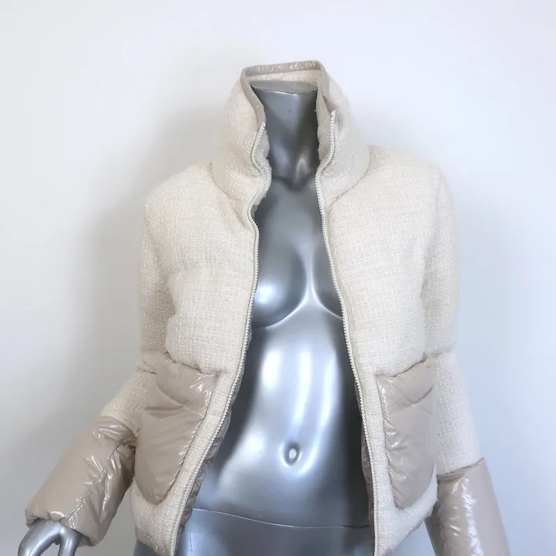 Herno Tweed Down Puffer Jacket Cream Cotton-Blend Size 36 NEW