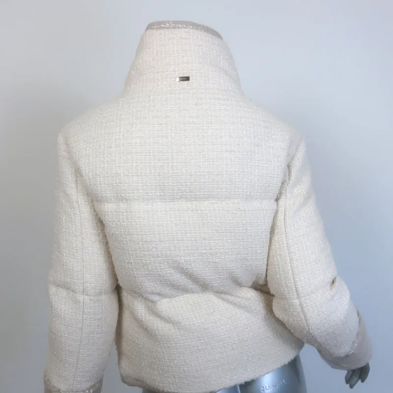 Herno Tweed Down Puffer Jacket Cream Cotton-Blend Size 36 NEW