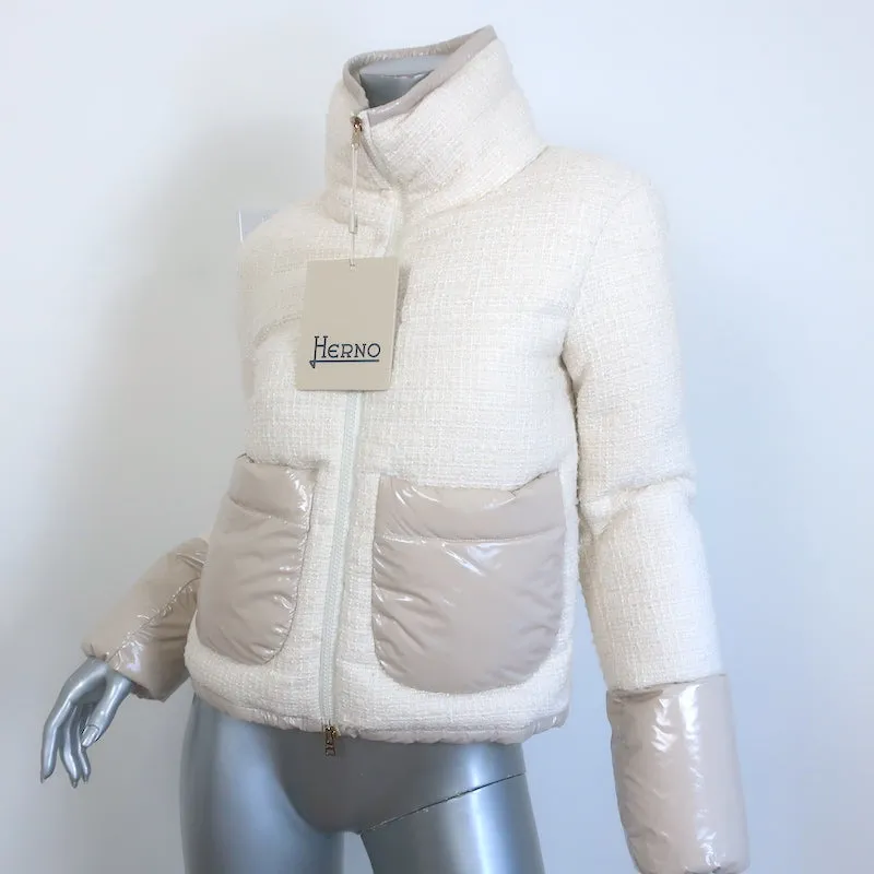 Herno Tweed Down Puffer Jacket Cream Cotton-Blend Size 36 NEW