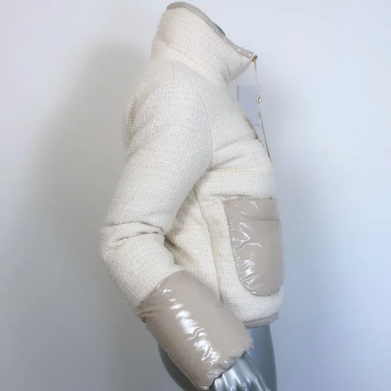 Herno Tweed Down Puffer Jacket Cream Cotton-Blend Size 36 NEW