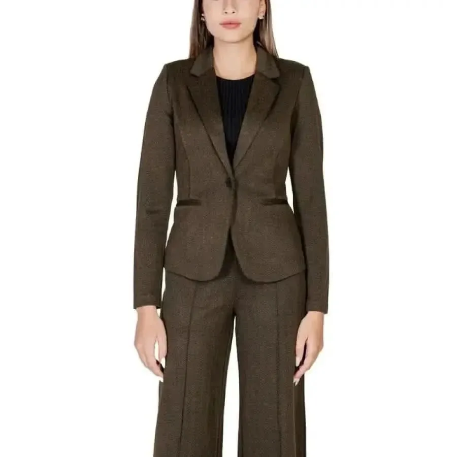 Ichi Women Black Pinstripe Blazer with Lapel Collar