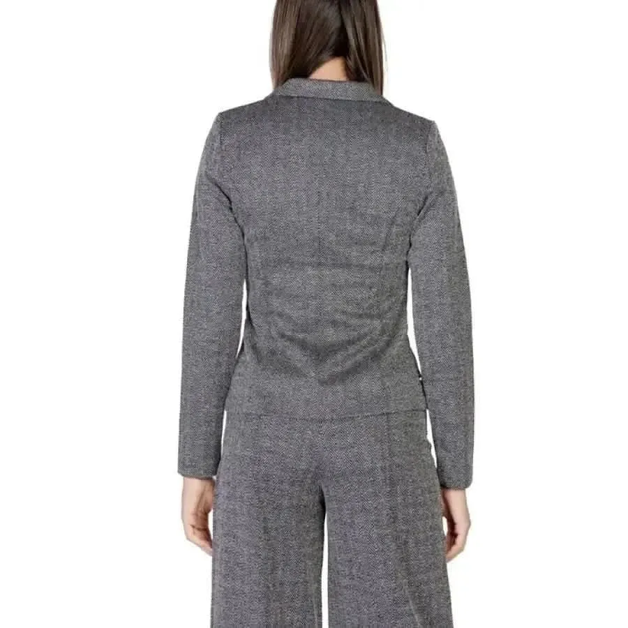 Ichi Women Black Pinstripe Blazer with Lapel Collar