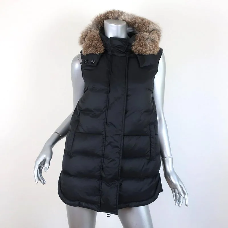 Intropia Rabbit Fur-Trim Hooded Down Puffer Vest Black Size 36