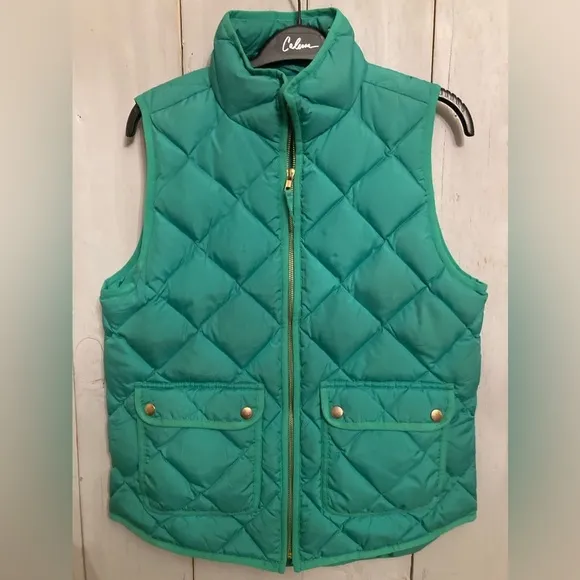 J Crew Excursion Quilted Puffer Gold Zipper Kelly Green Down Filled Snap…