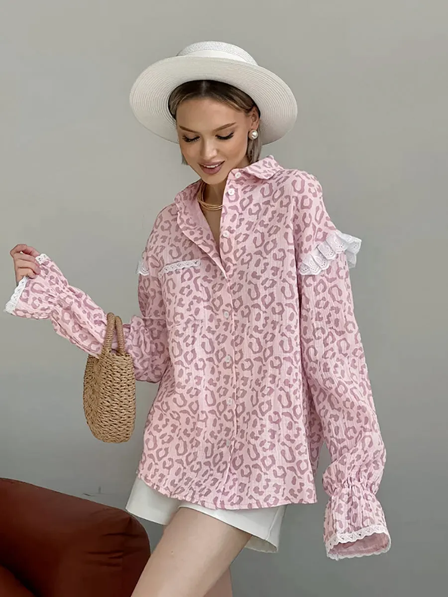 Lace Trim Long Sleeve Button Down Shirts Dressy Casual Tops