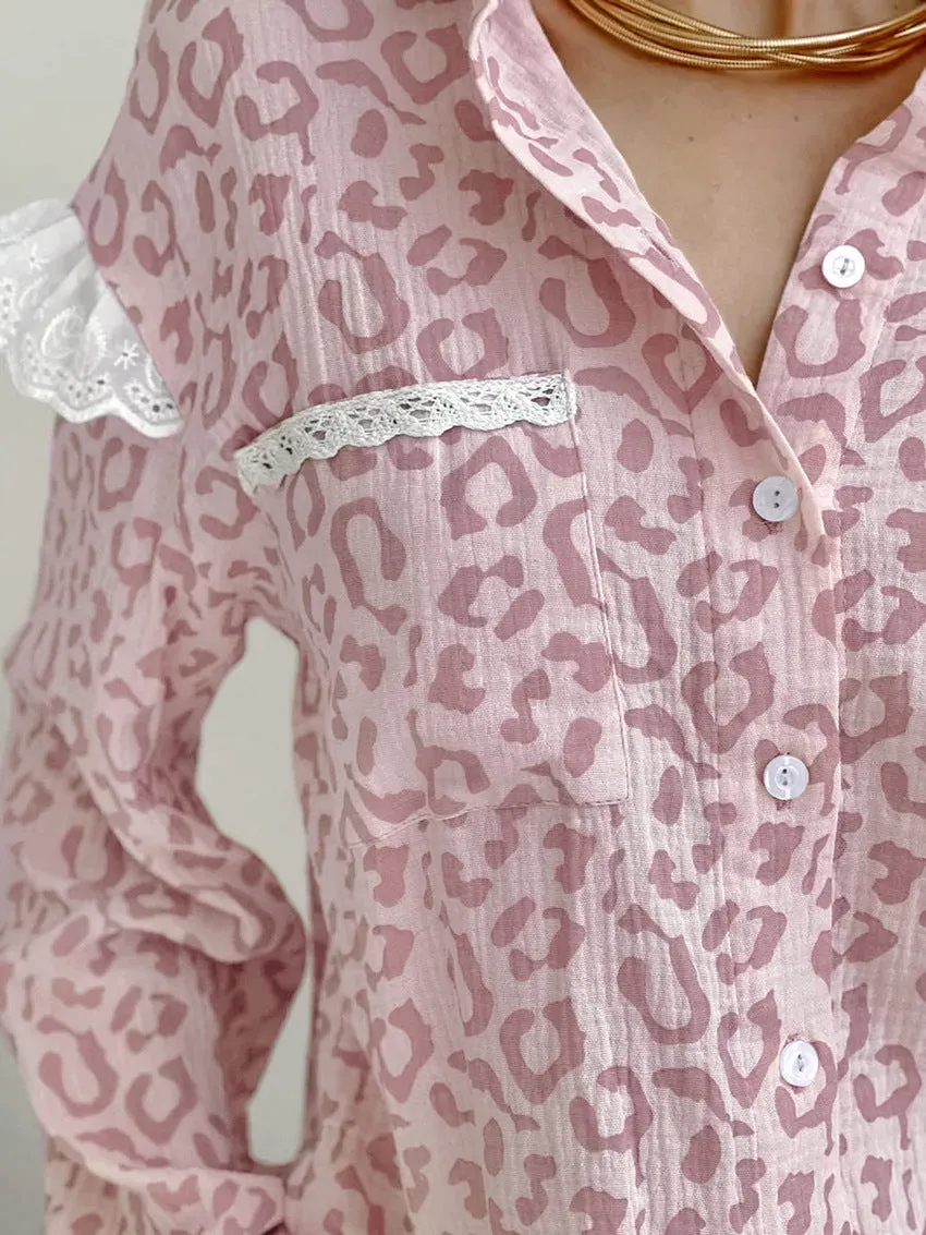 Lace Trim Long Sleeve Button Down Shirts Dressy Casual Tops
