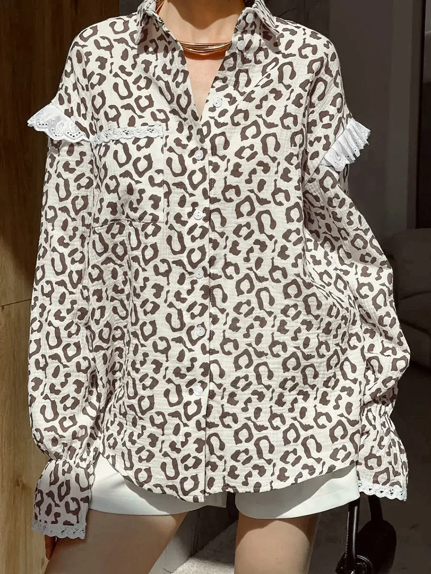 Lace Trim Long Sleeve Button Down Shirts Dressy Casual Tops