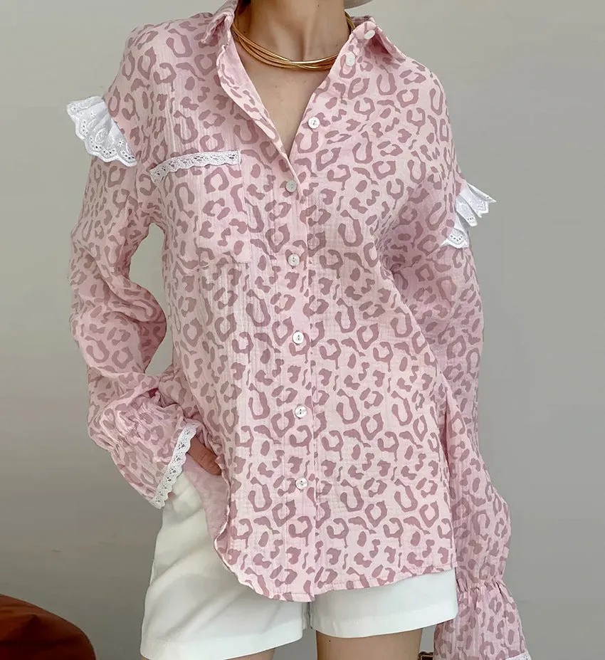 Lace Trim Long Sleeve Button Down Shirts Dressy Casual Tops