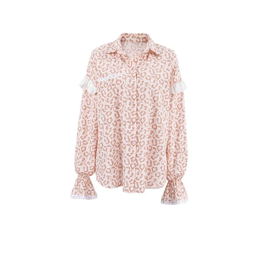Lace Trim Long Sleeve Button Down Shirts Dressy Casual Tops