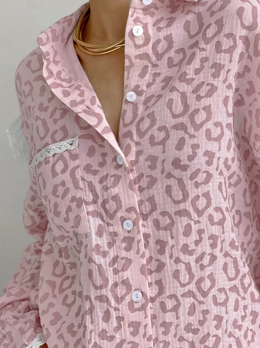 Lace Trim Long Sleeve Button Down Shirts Dressy Casual Tops