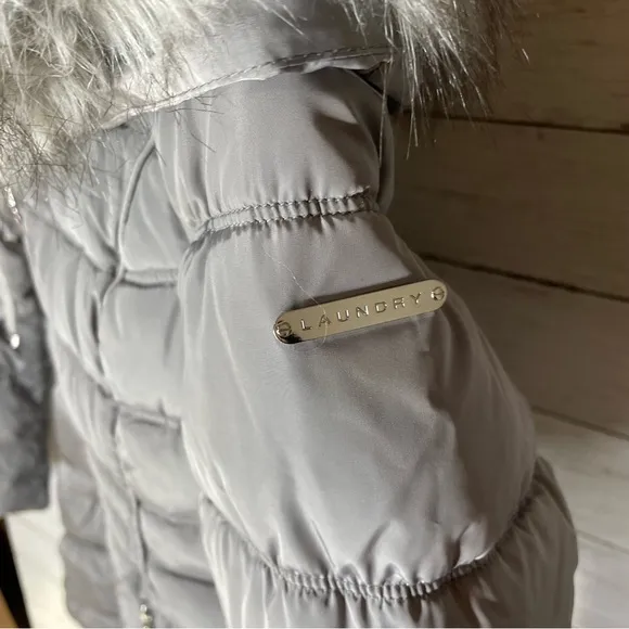 Laundry by Shelli Segal Women's 3/4 Puffer Jacket with Detachable Faux Fur Hood