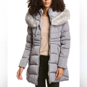 Laundry by Shelli Segal Women's 3/4 Puffer Jacket with Detachable Faux Fur Hood