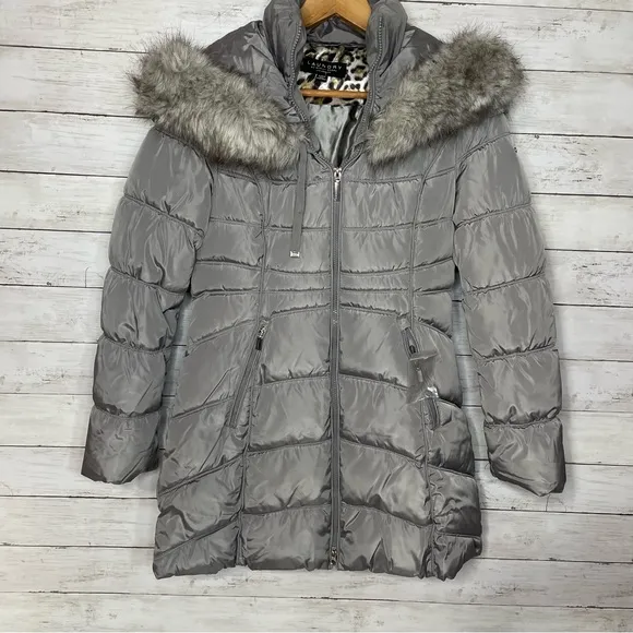 Laundry by Shelli Segal Women's 3/4 Puffer Jacket with Detachable Faux Fur Hood