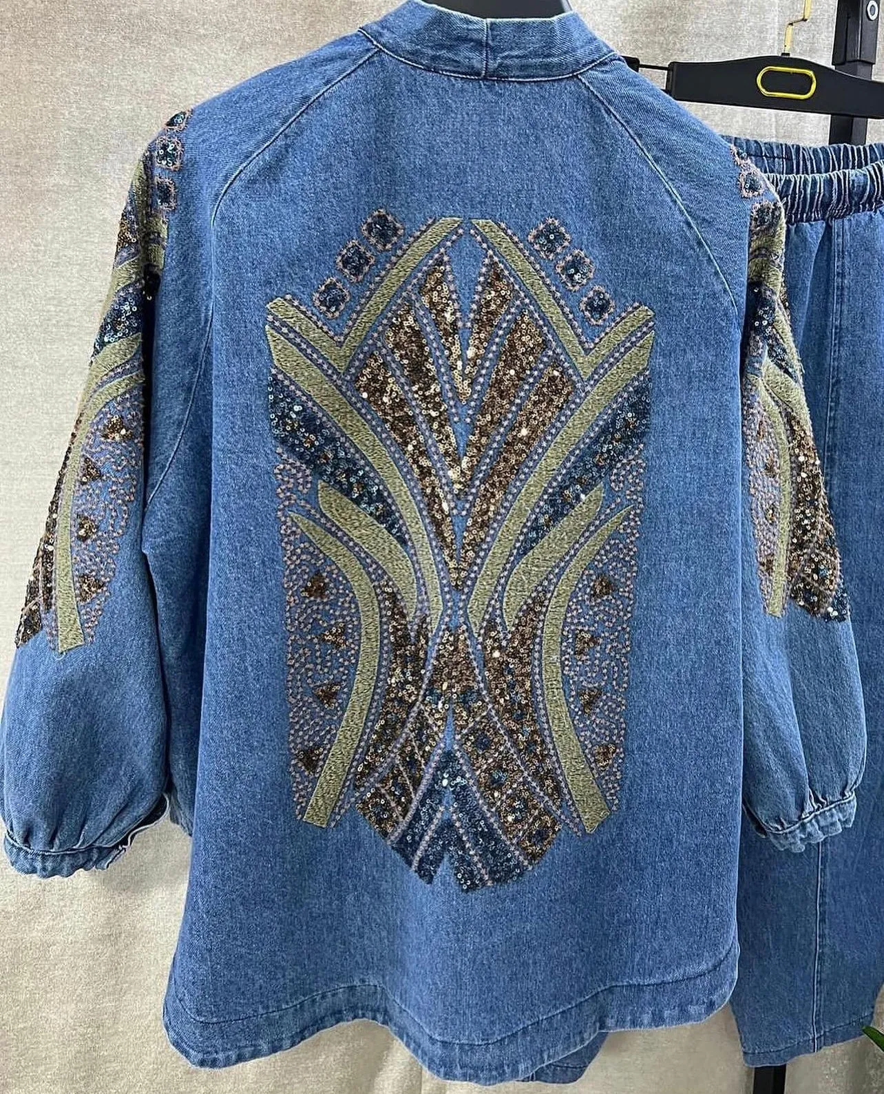 Light Blue Denim Embroidered Sequin Kimono