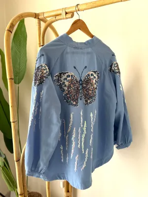 Linen Embroidered Butterfly Blue Kimono