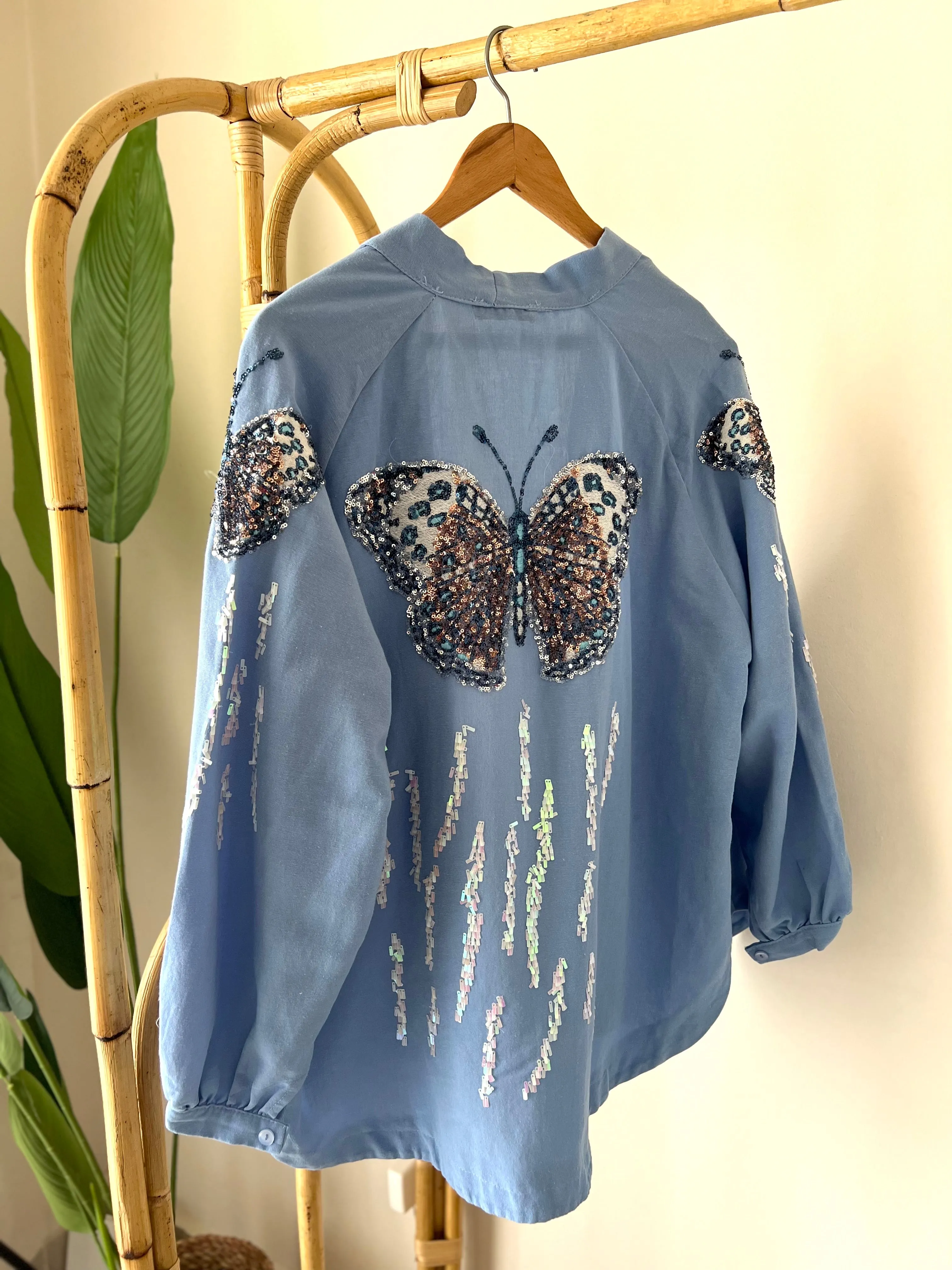 Linen Embroidered Butterfly Blue Kimono
