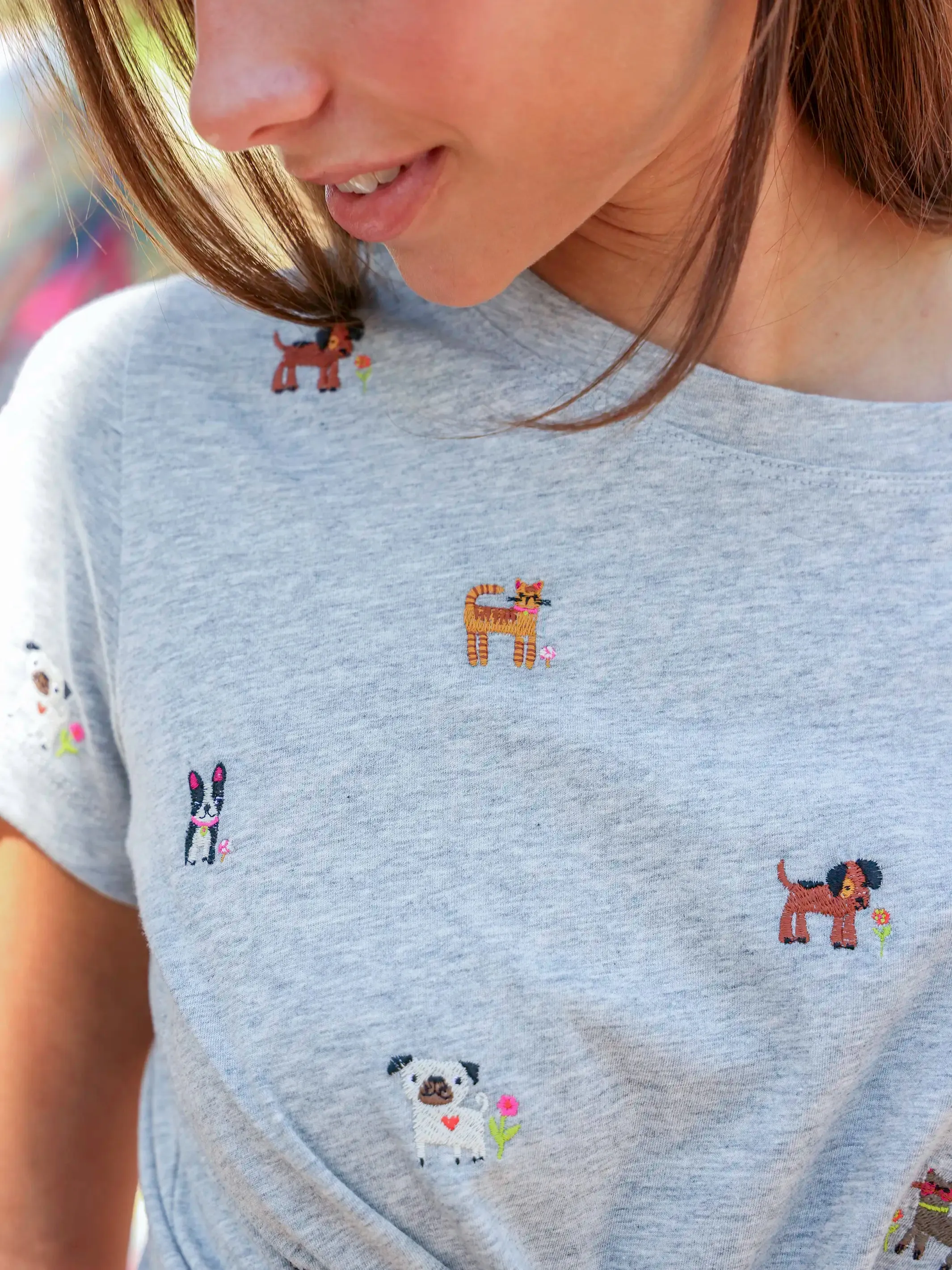 Little Things Embroidered Tee - Grey Cats and Dogs