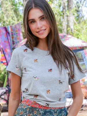 Little Things Embroidered Tee - Grey Cats and Dogs