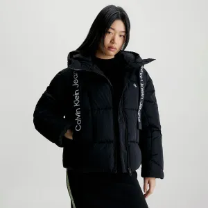 Logo Drawstring Short Puffer - Black
