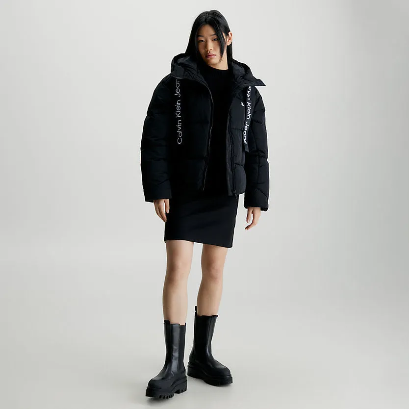Logo Drawstring Short Puffer - Black