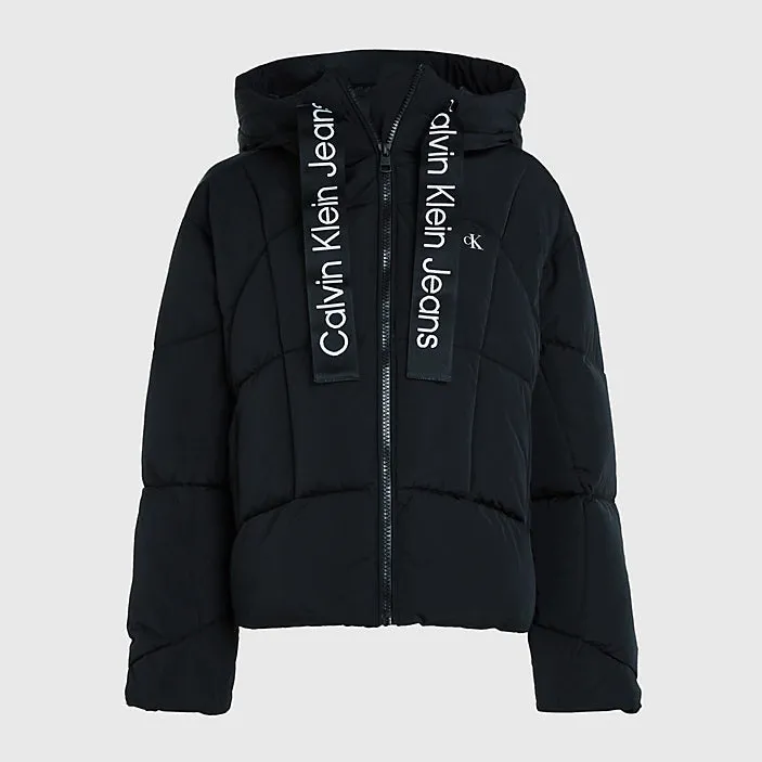 Logo Drawstring Short Puffer - Black