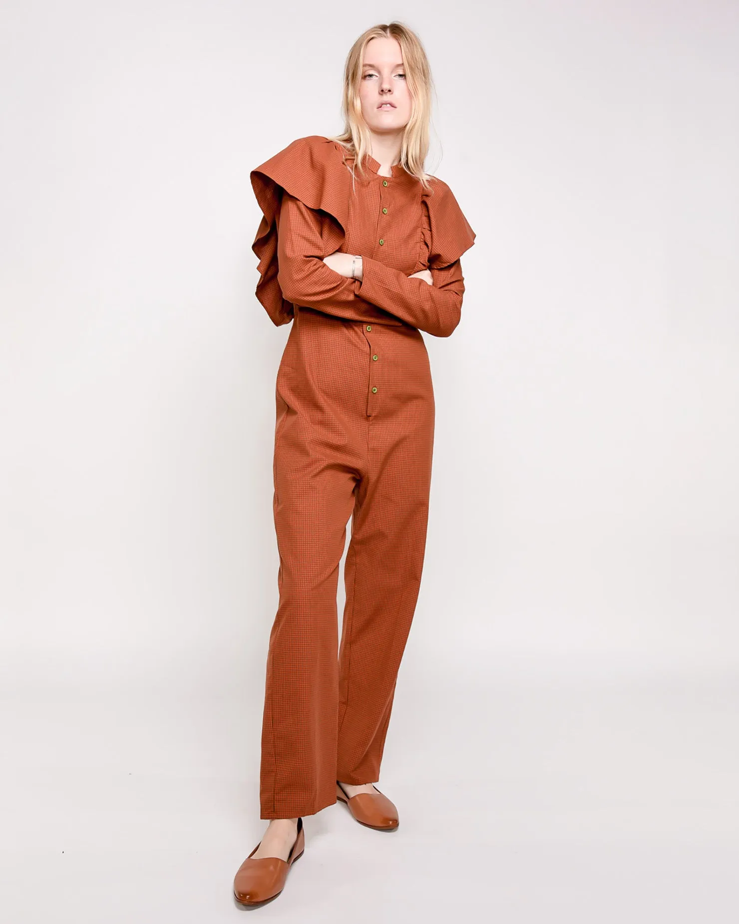 Lola ruffled jumpsuit in microchecks