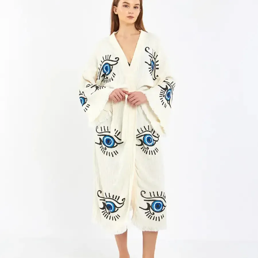Long Evil Eye Kimono, Cotton Kimono, Evil Eye Robe, Kaftan