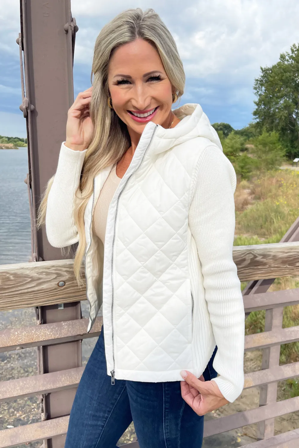 Long Sleeve Quilted Front Full Zip Hooded Jacket