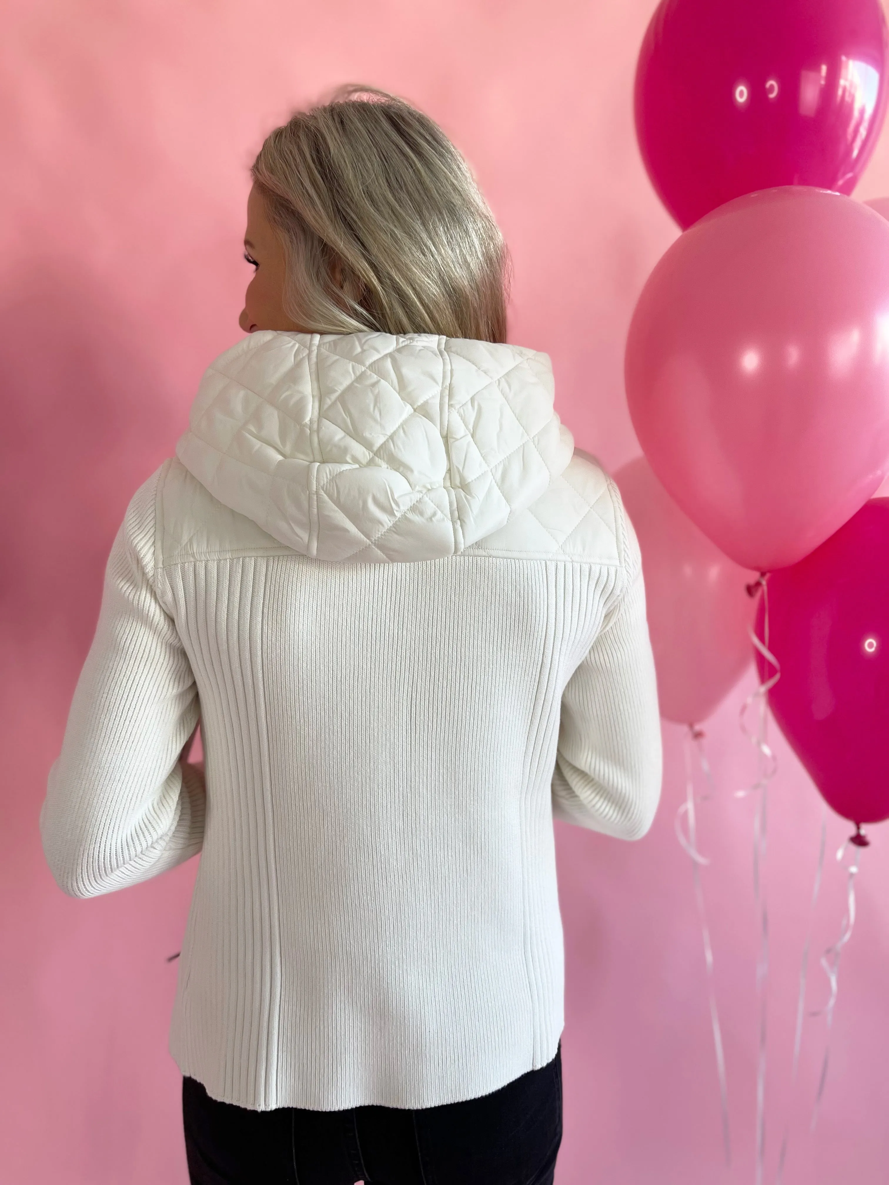 Long Sleeve Quilted Front Full Zip Hooded Jacket
