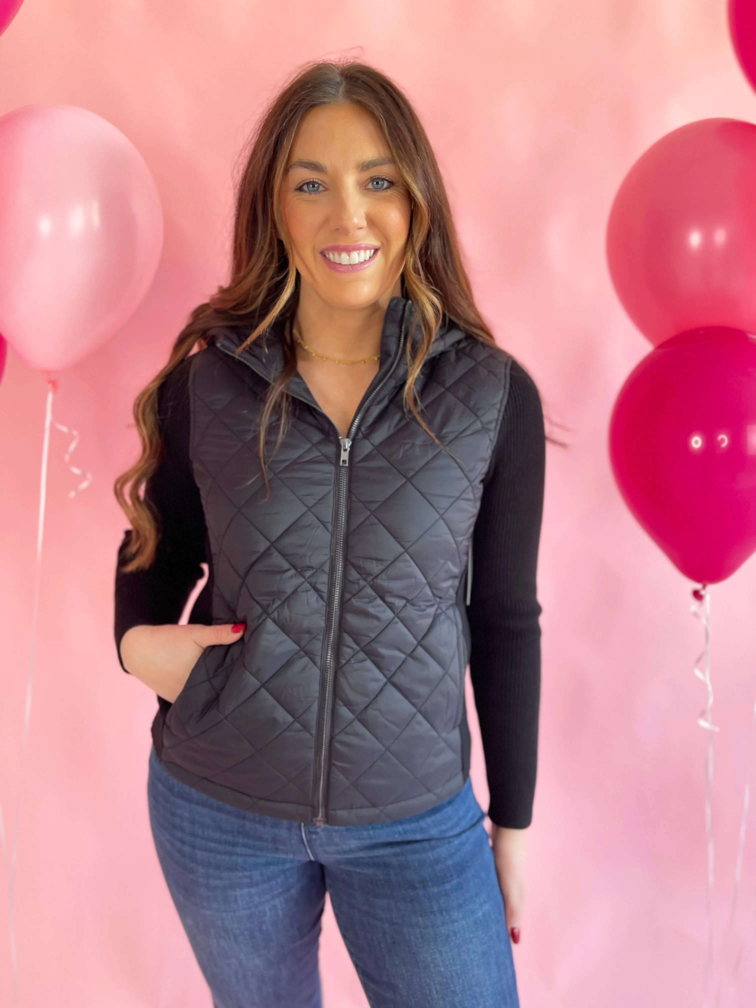 Long Sleeve Quilted Front Full Zip Hooded Jacket